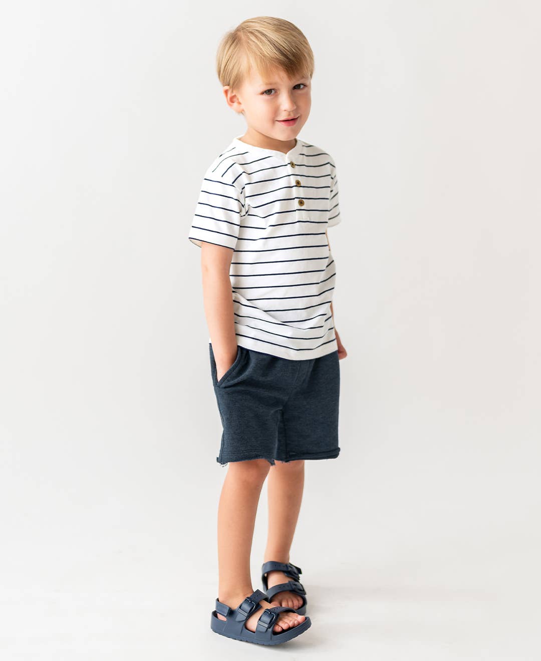 Kids White & Navy Henley Tee