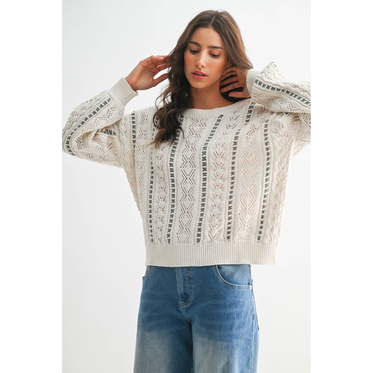 Ivory & Mint Cable Knit Sweater