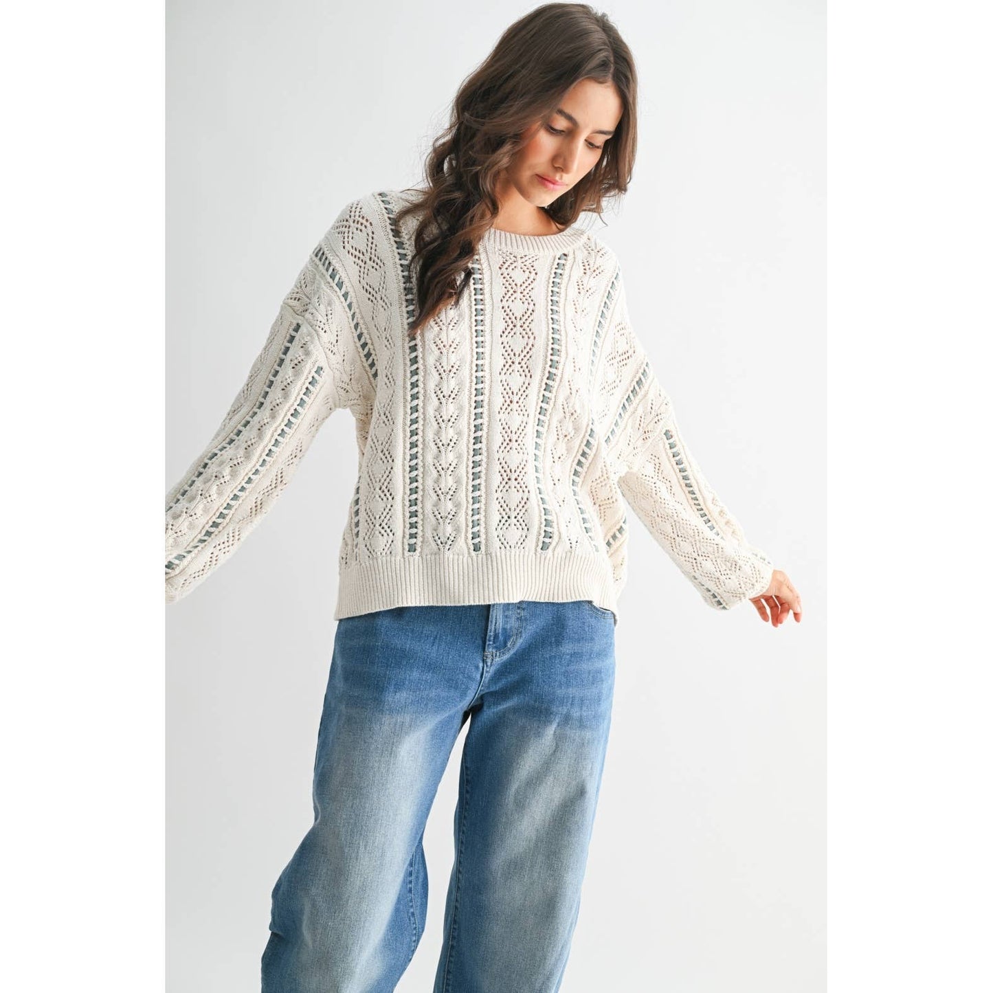 Ivory & Mint Cable Knit Sweater