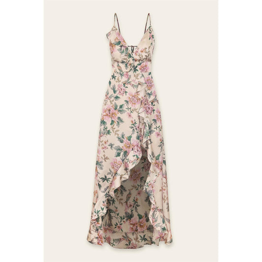 Floral Satin Ruffle Maxi Dress