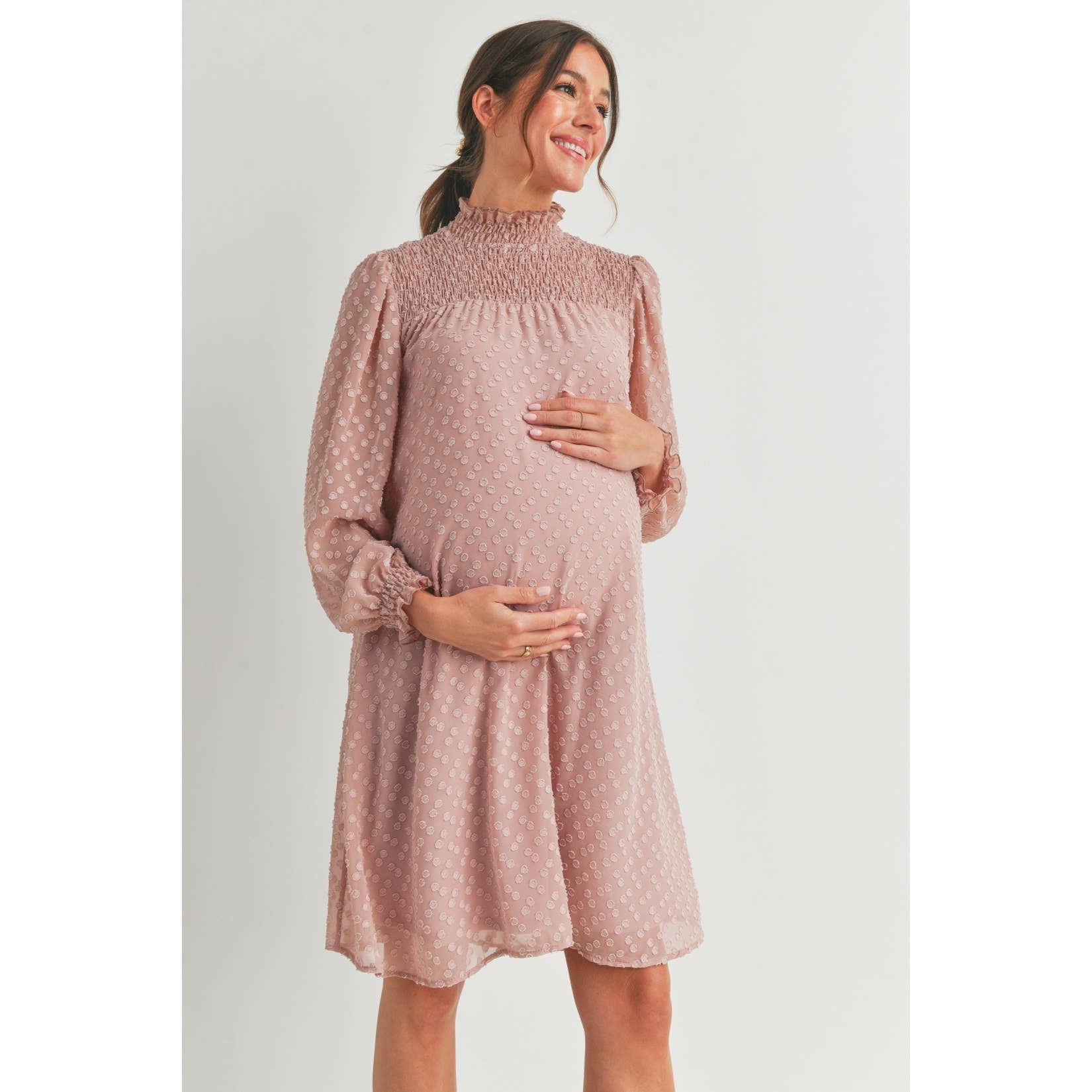 Smocked Mock Neck Long Sleeve Maternity Dress BLUSH / SMALL Smocked Mock Neck Long Sleeve Maternity Dress BLUSH / SMALL