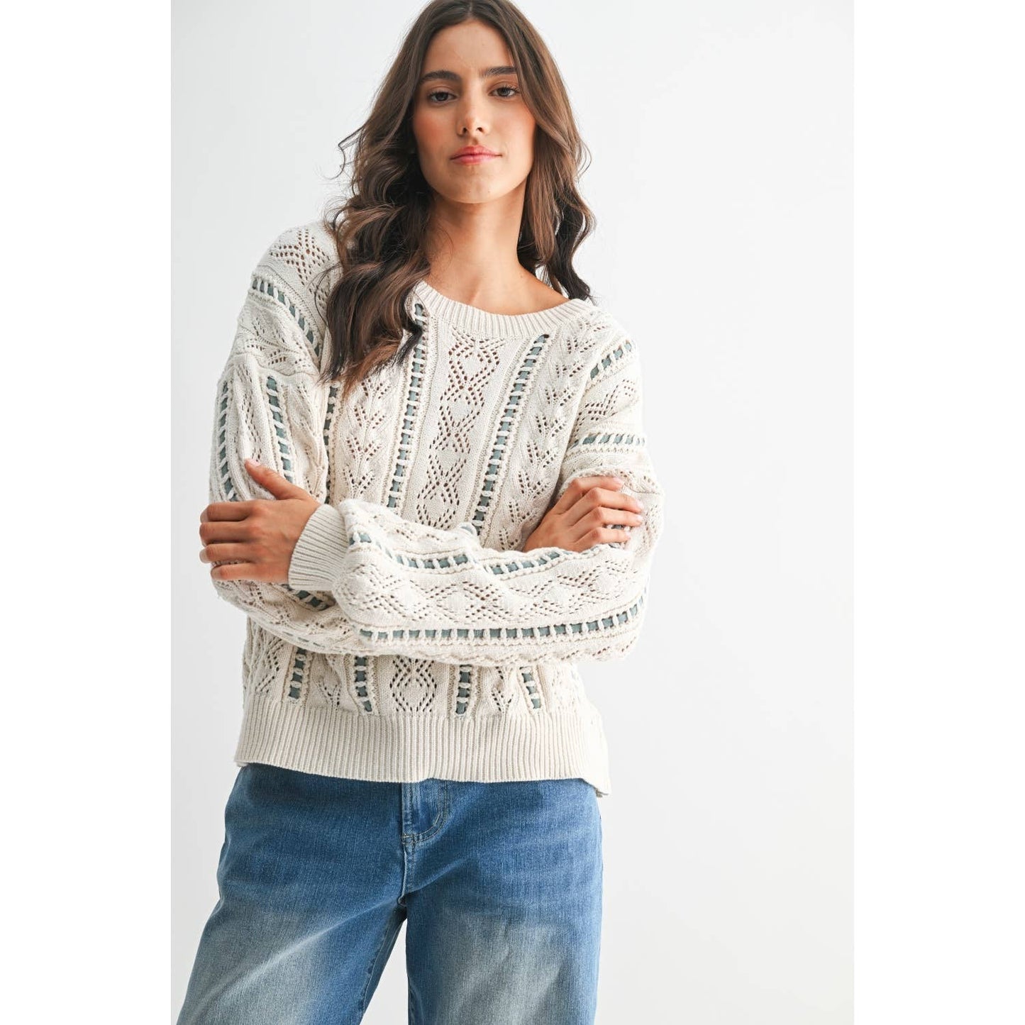 Ivory & Mint Cable Knit Sweater
