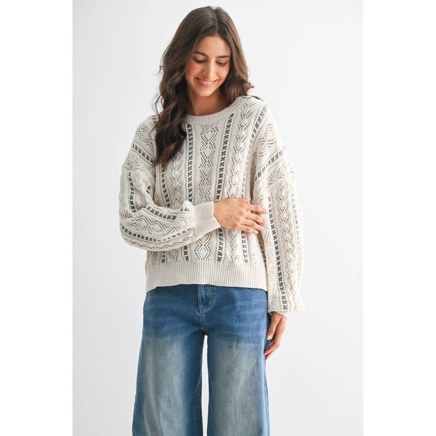 Ivory & Mint Cable Knit Sweater
