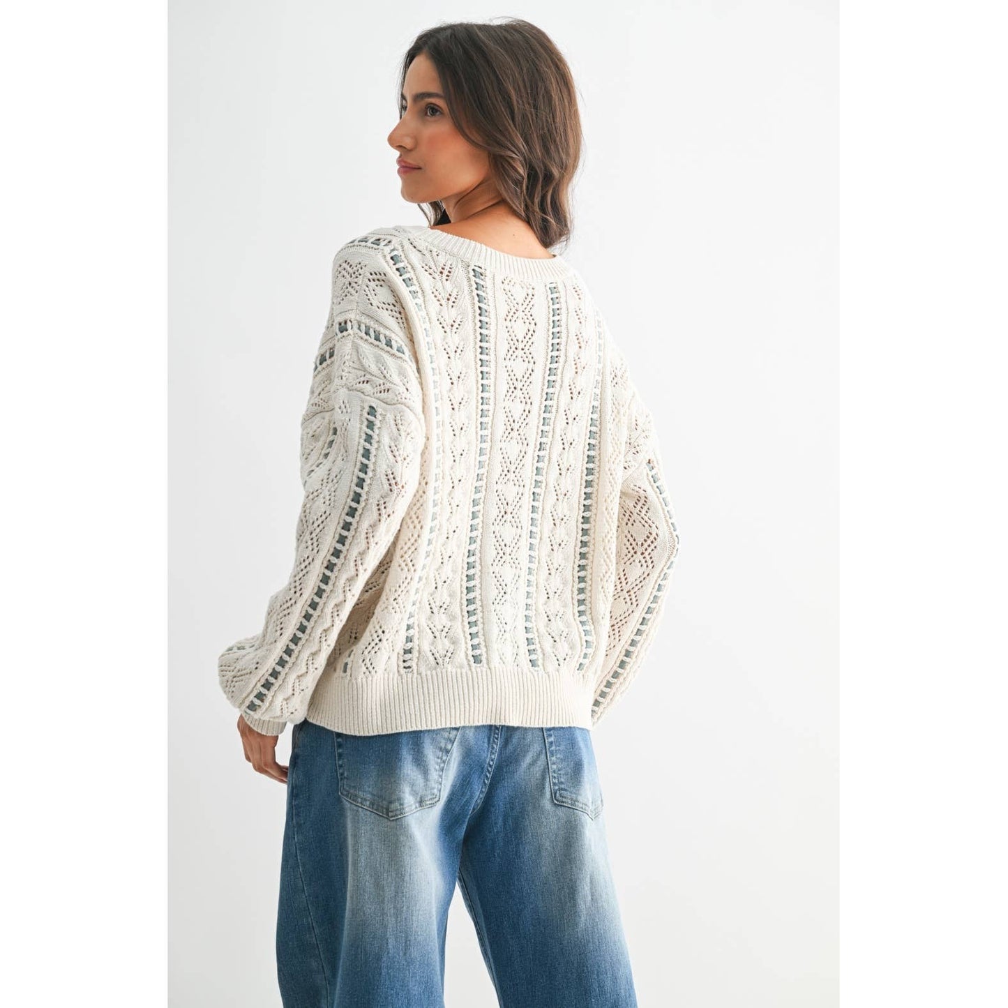 Ivory & Mint Cable Knit Sweater