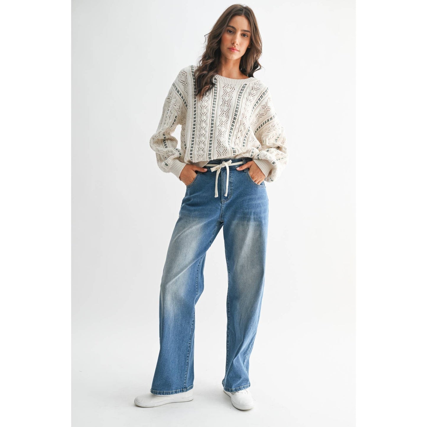 Ivory & Mint Cable Knit Sweater