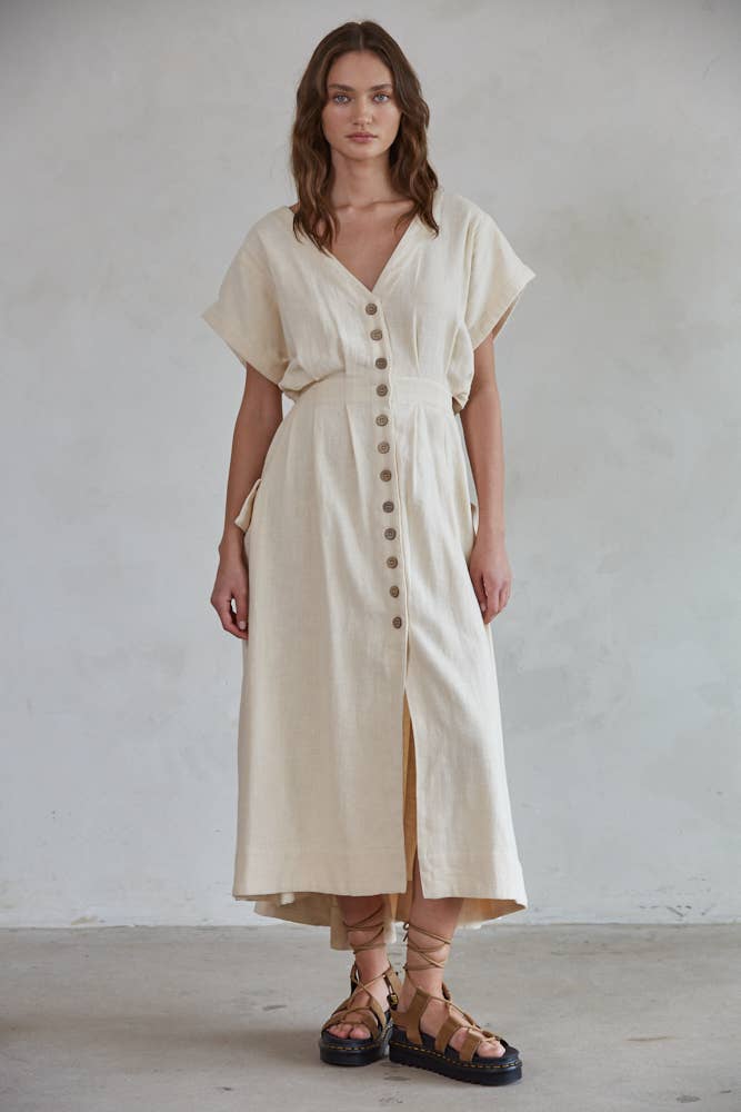 Natural Button Down Midi Dress