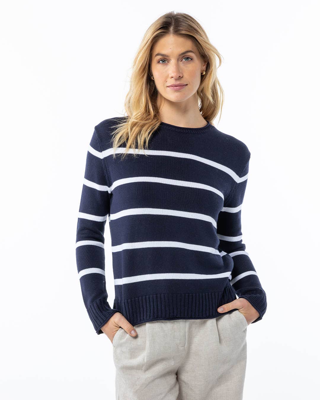 Navy Striped Cotton Crew Sweater