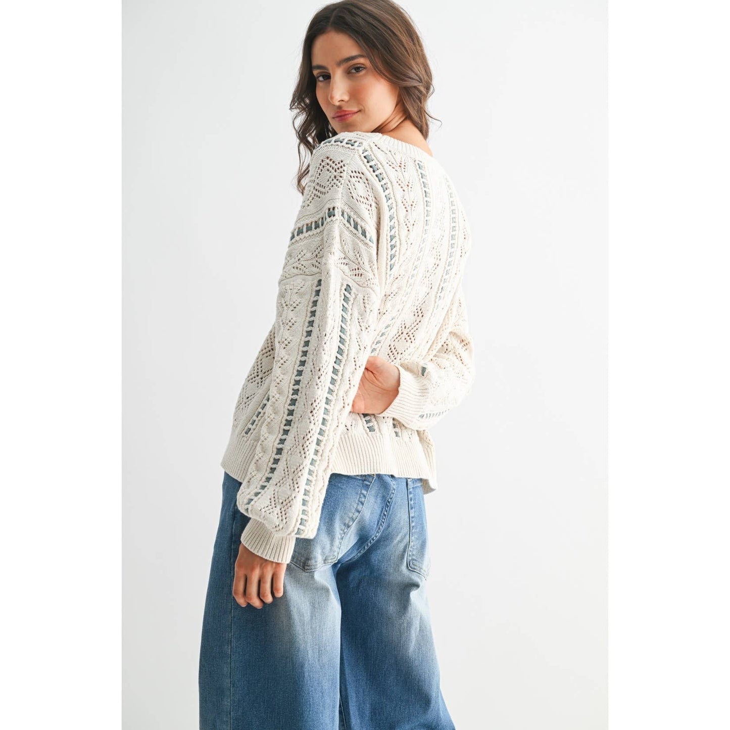 Ivory & Mint Cable Knit Sweater