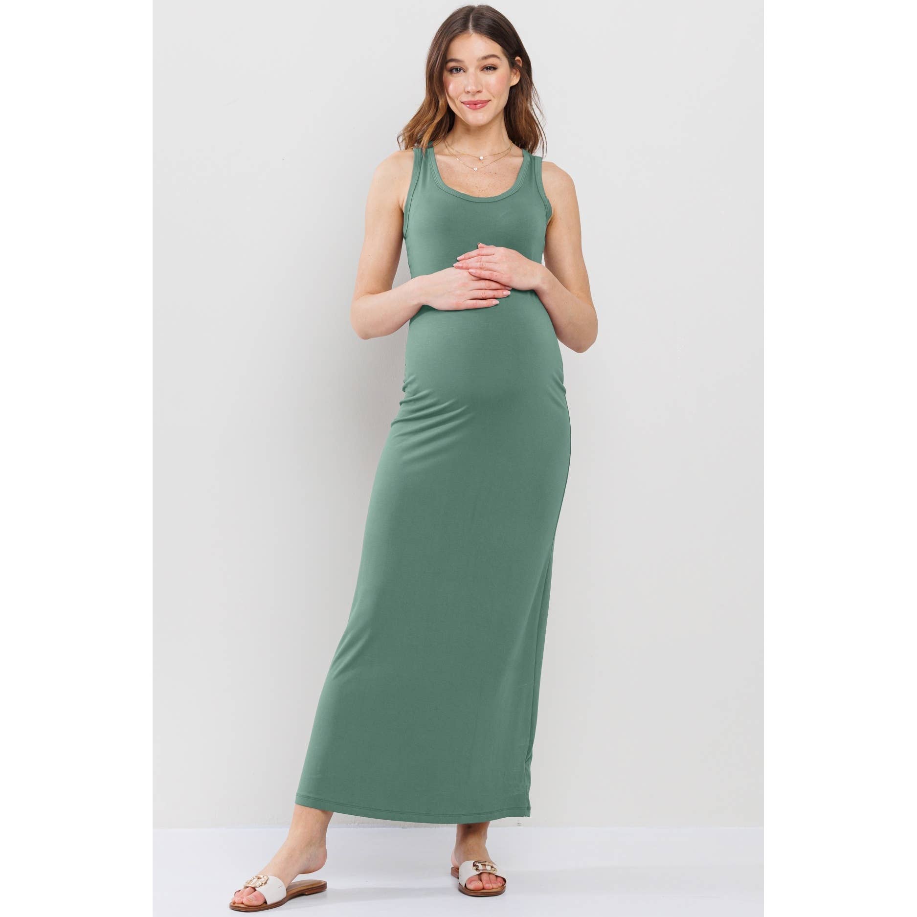 Hello Miz Maternity Scoop Neck Sleeveless Maxi Dress - Sage Hello Miz Maternity Scoop Neck Sleeveless Maxi Dress - Sage