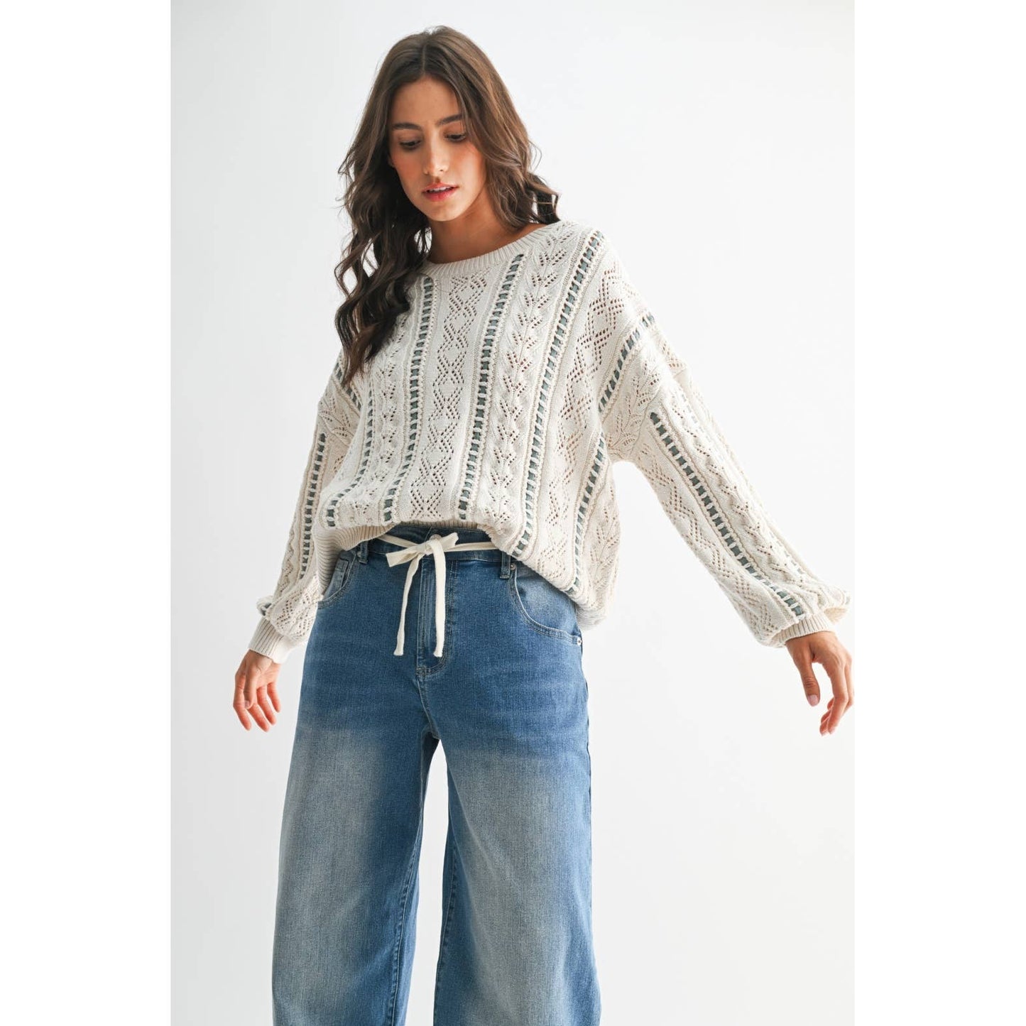 Ivory & Mint Cable Knit Sweater