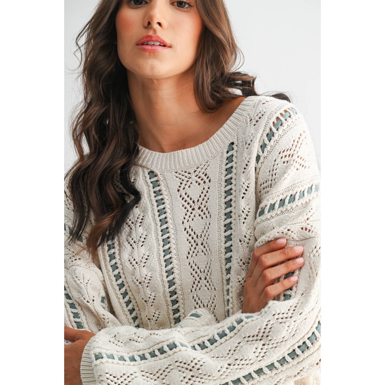 Ivory & Mint Cable Knit Sweater