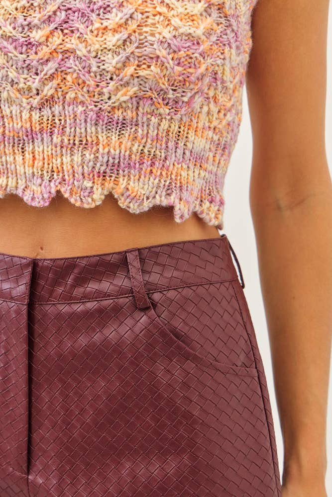 Burgundy Weave Leather Shorts