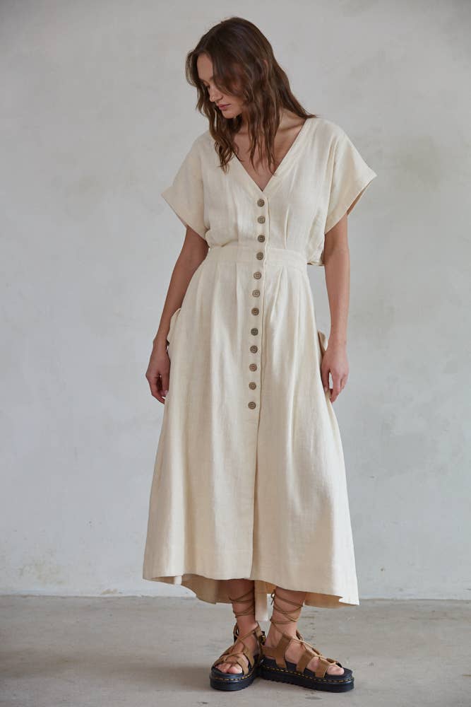 Natural Button Down Midi Dress
