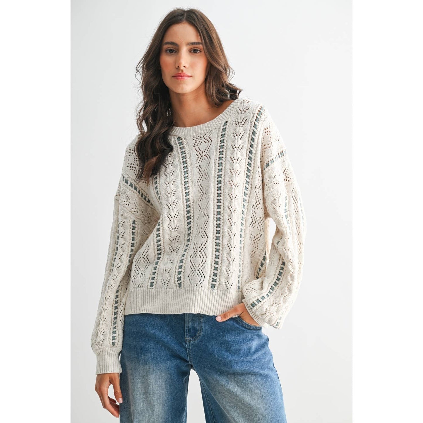 Ivory & Mint Cable Knit Sweater