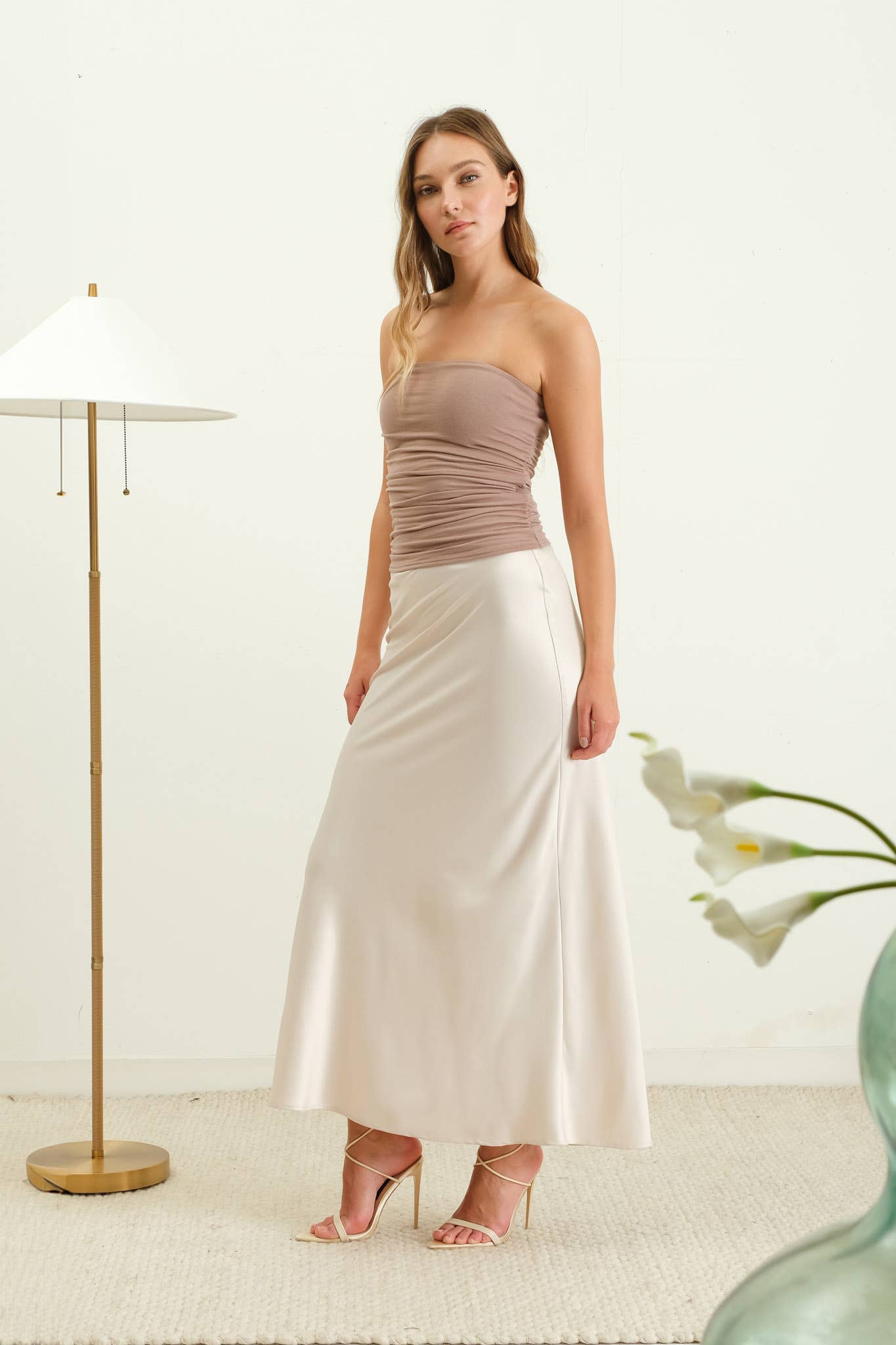 Satin Slip Midi Skirt - Champagne