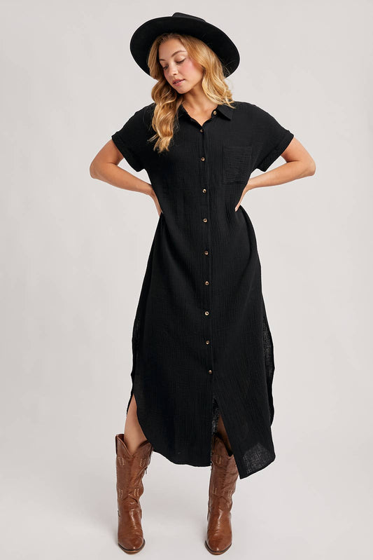 Black Textured Shirt Dress