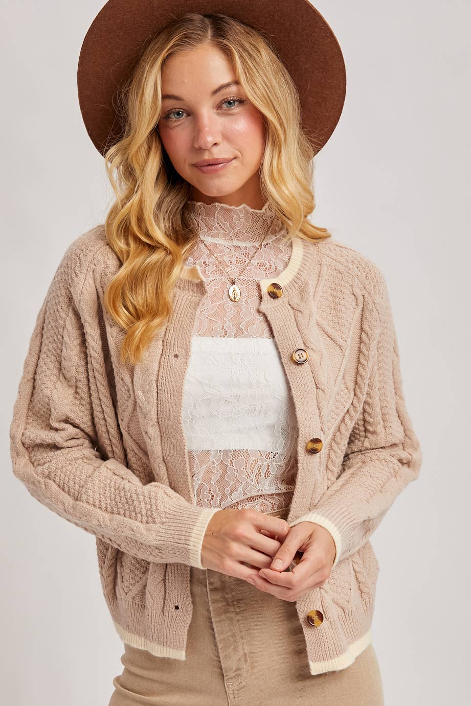 Latte Cable Knit Cardigan
