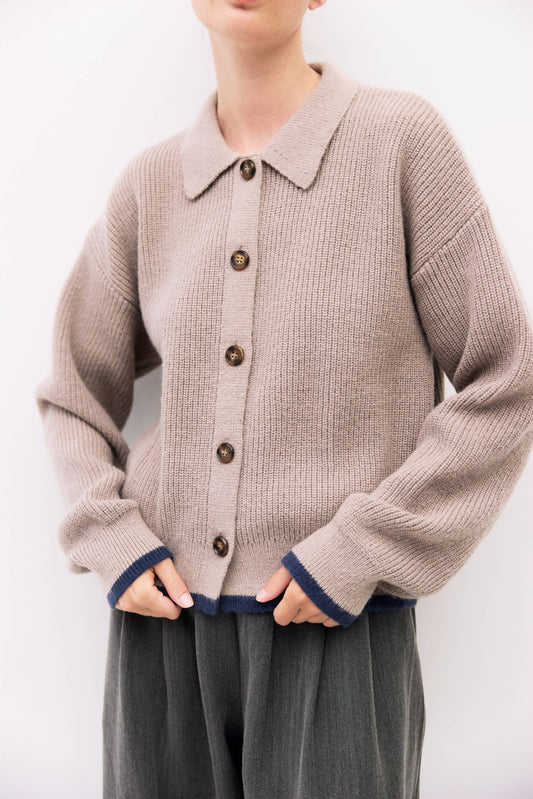 Taupe & Navy Collared Cardigan