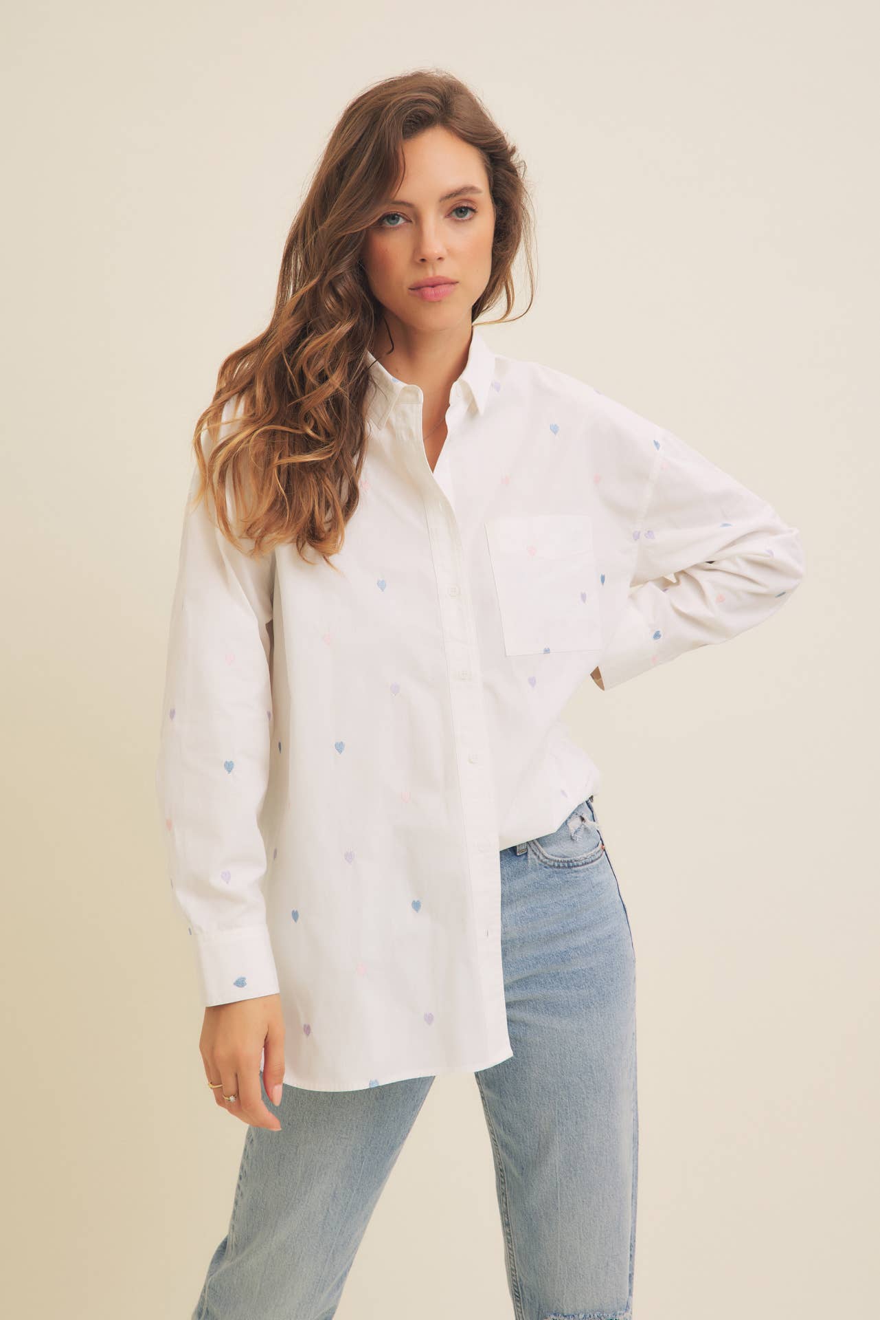 Hearts Embroidered Button Down