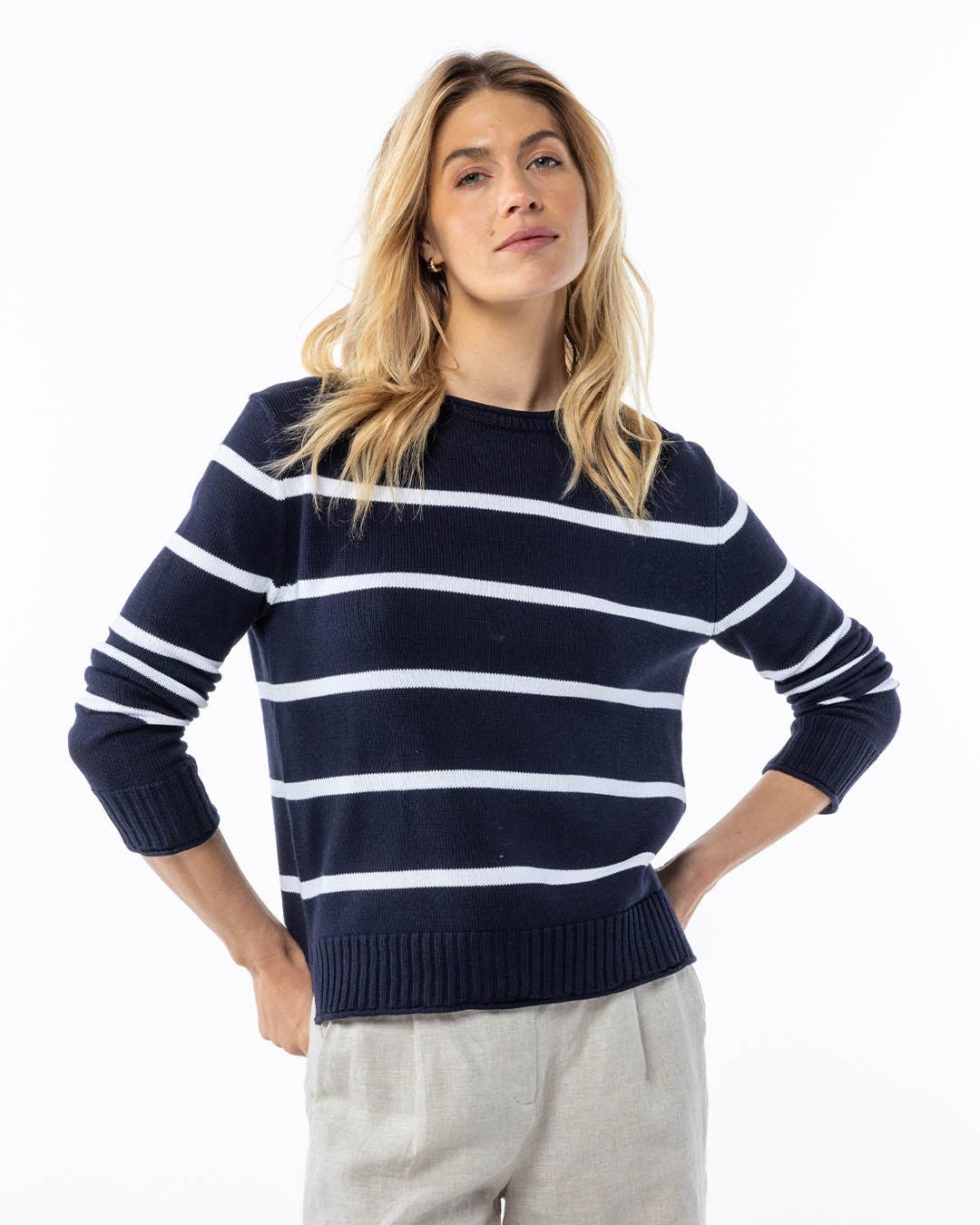 Navy Striped Cotton Crew Sweater