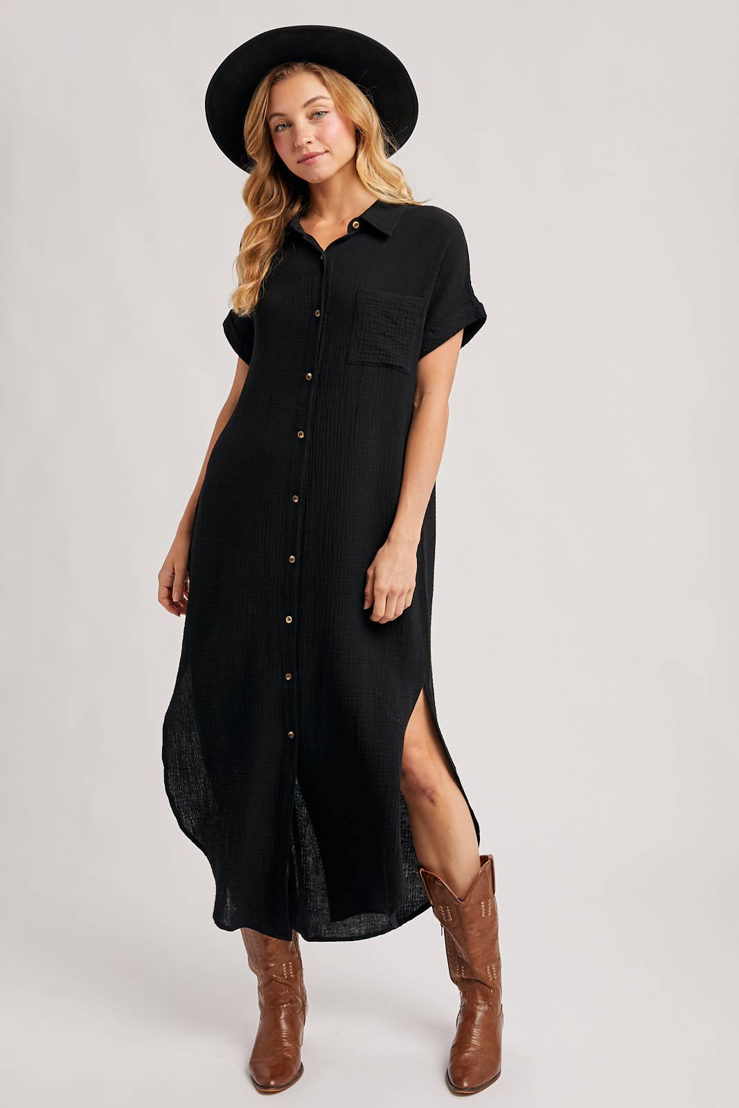 Black Textured Shirt Dress