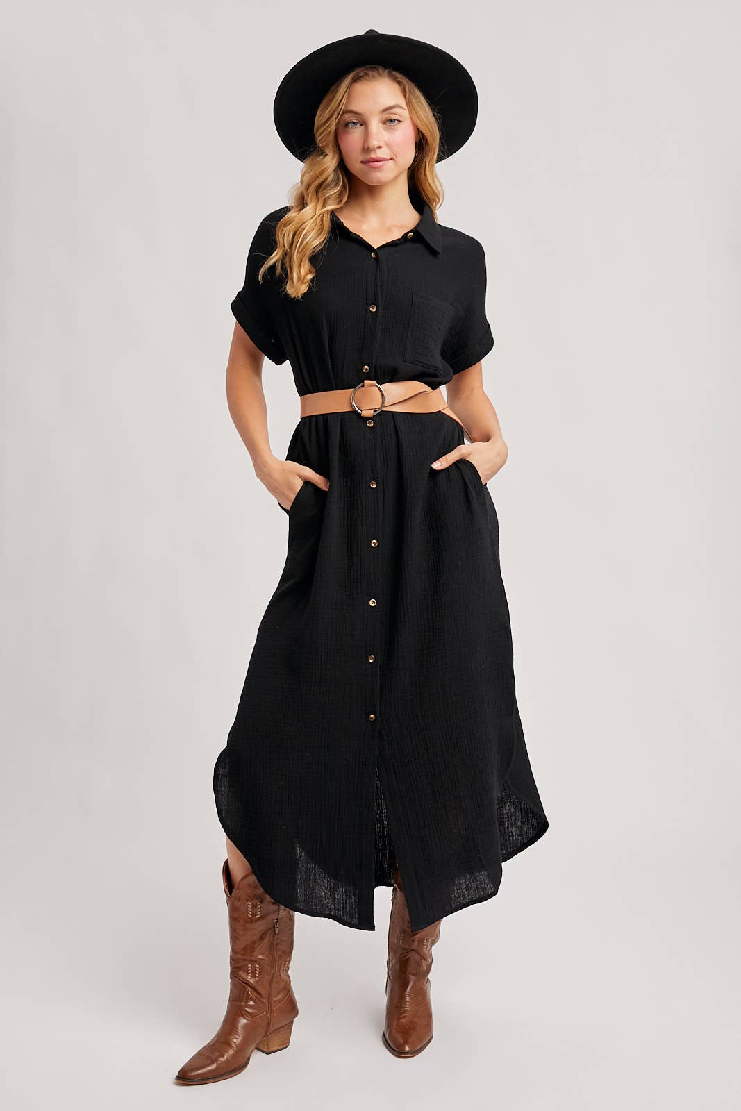 Black Textured Shirt Dress