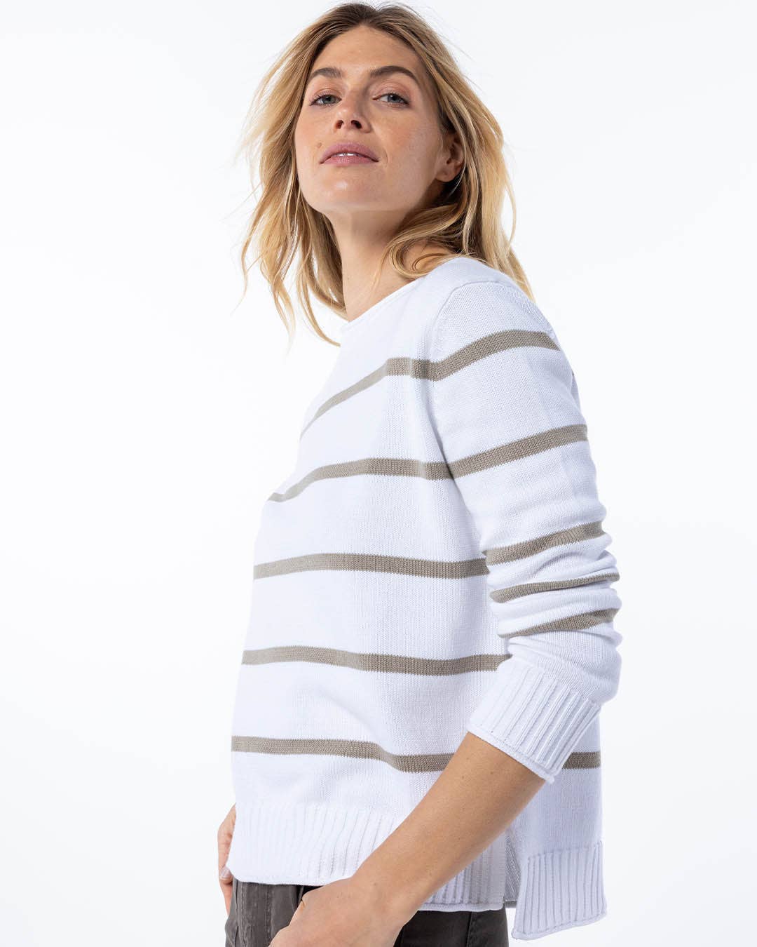 White Striped Cotton Crew Sweater
