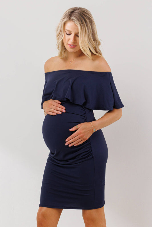Navy Ruffled Maternity Dress