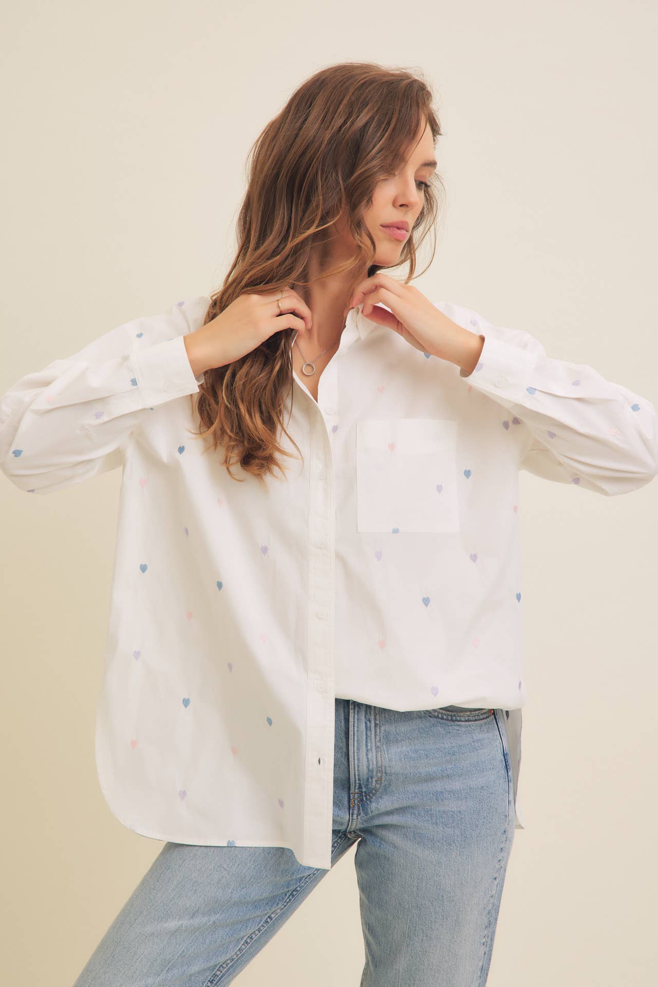 Hearts Embroidered Button Down