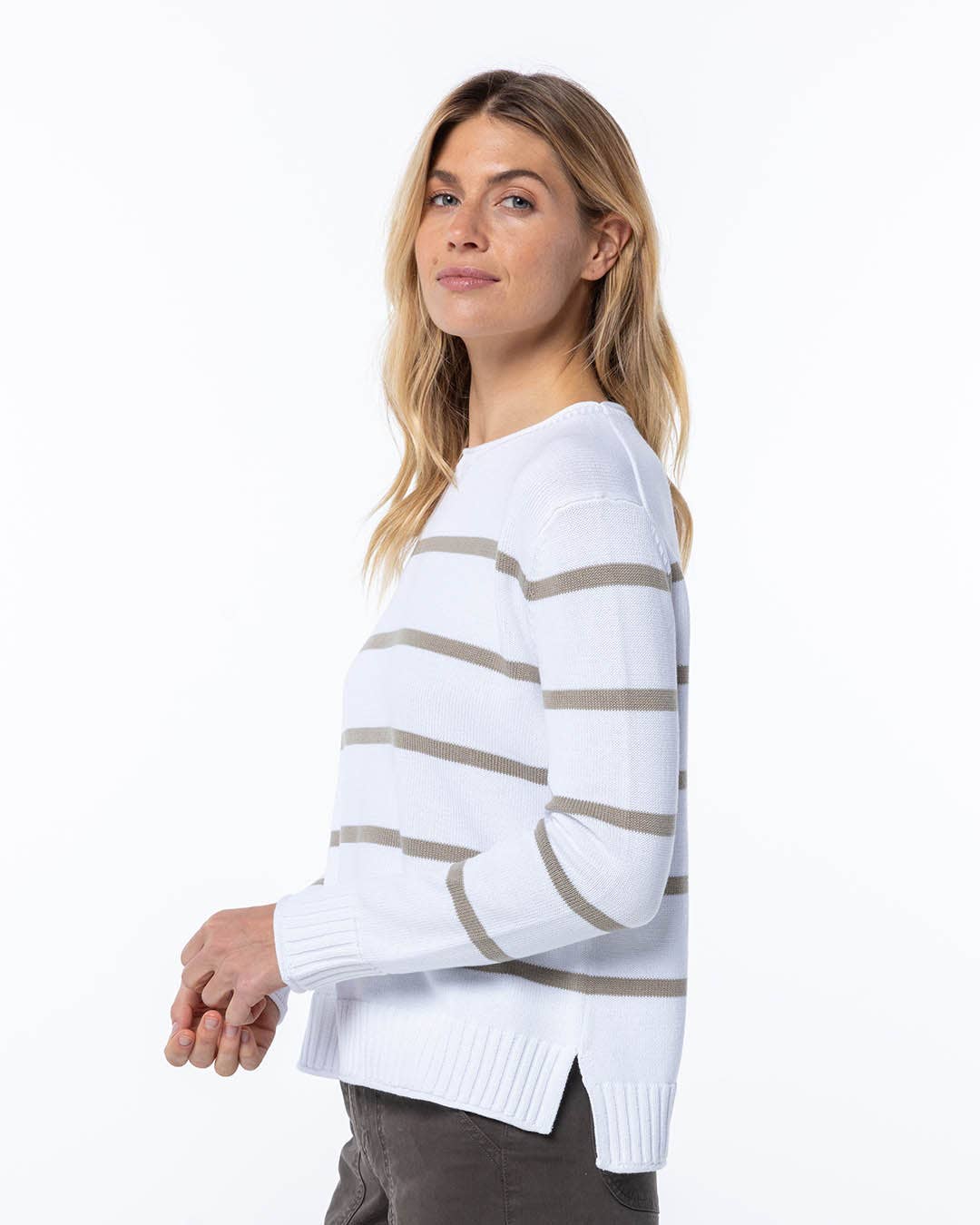 White Striped Cotton Crew Sweater