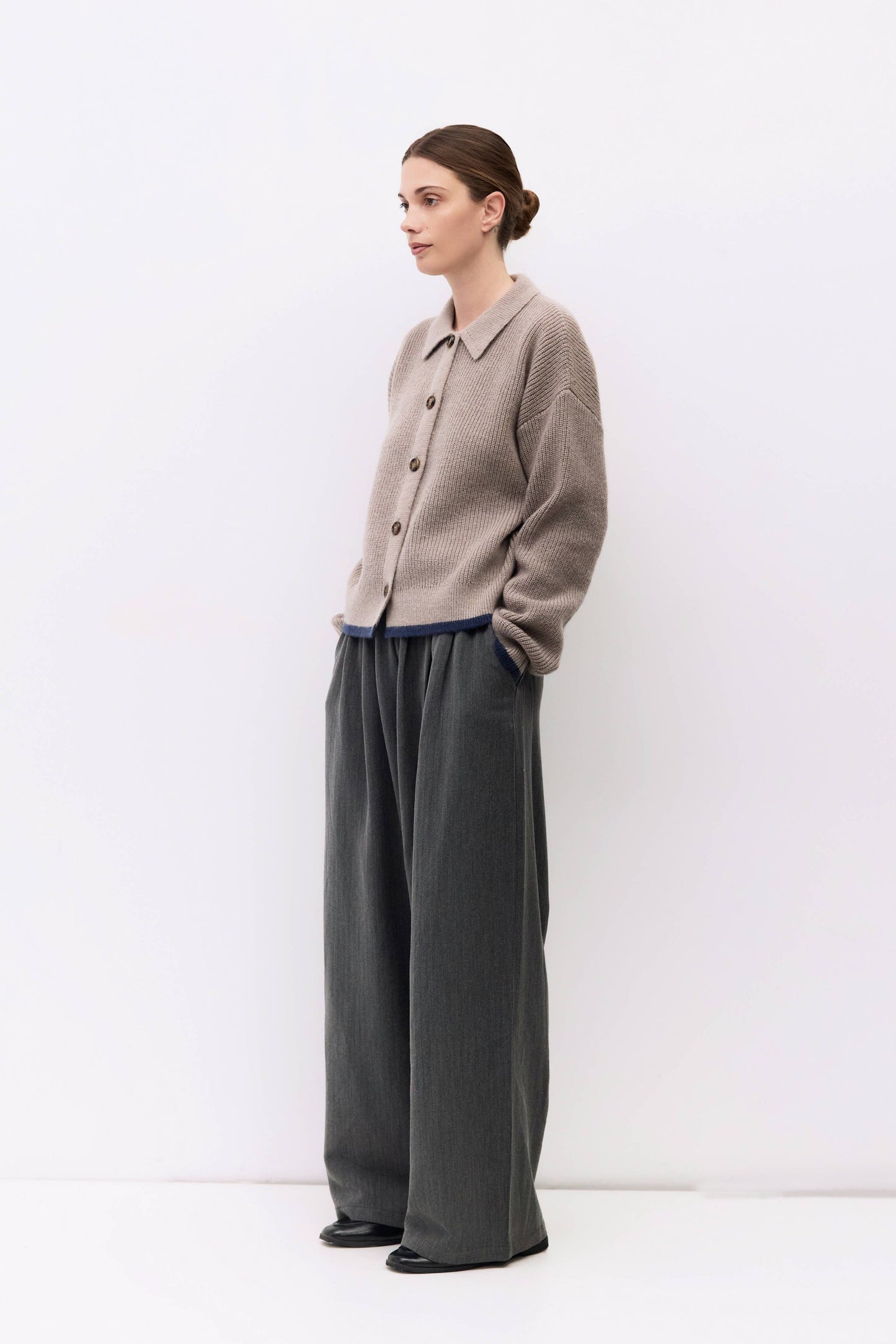 Taupe & Navy Collared Cardigan