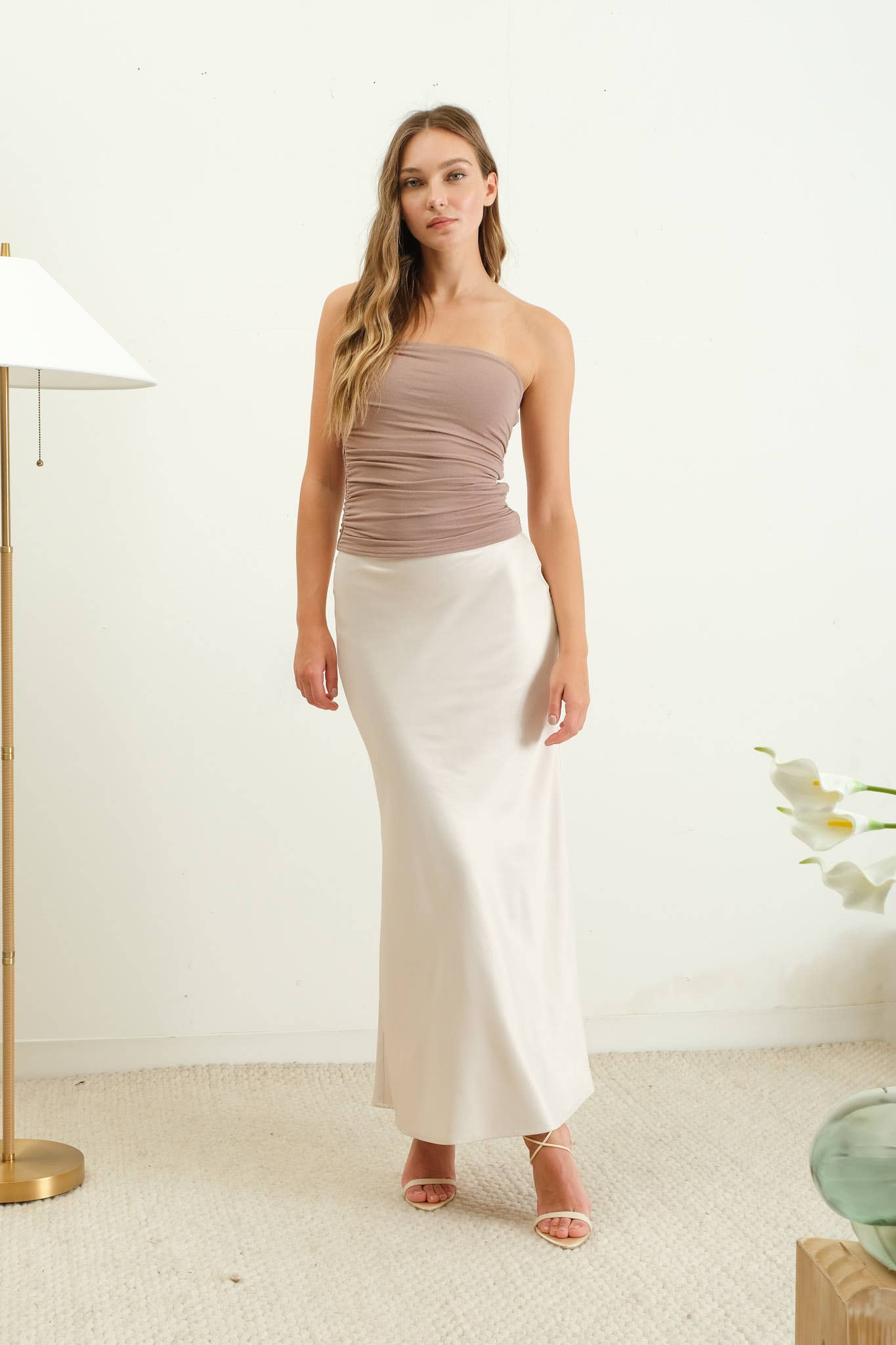 Satin Slip Midi Skirt - Champagne