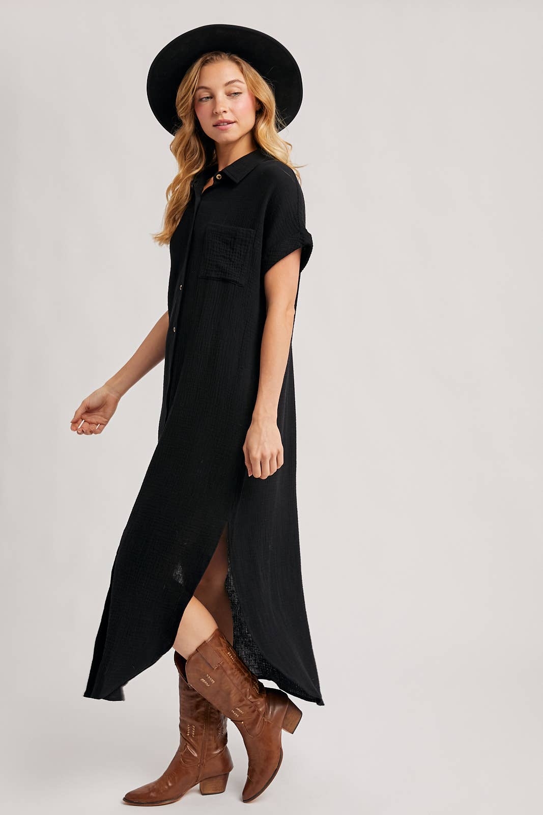 Black Textured Shirt Dress