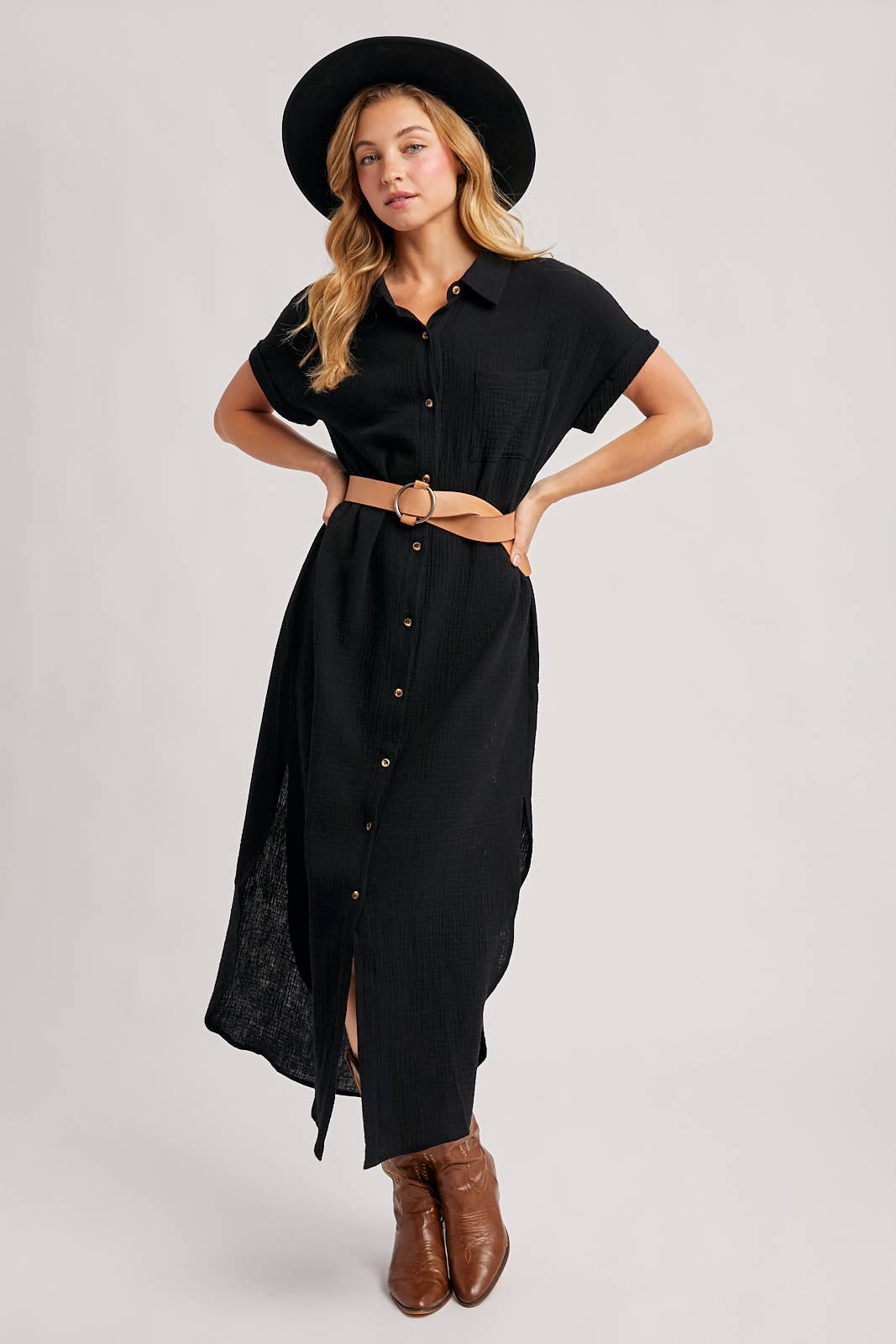 Black Textured Shirt Dress
