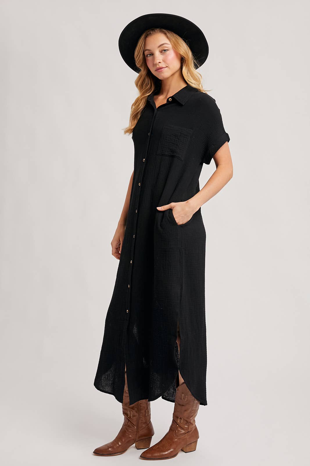 Black Textured Shirt Dress