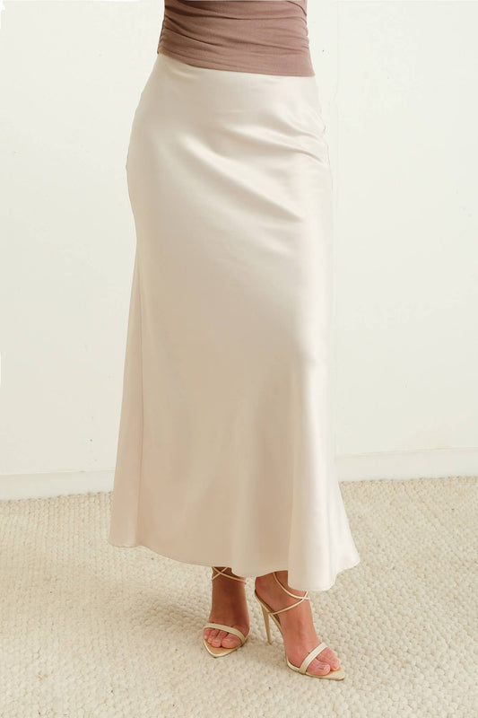 Satin Slip Midi Skirt - Champagne