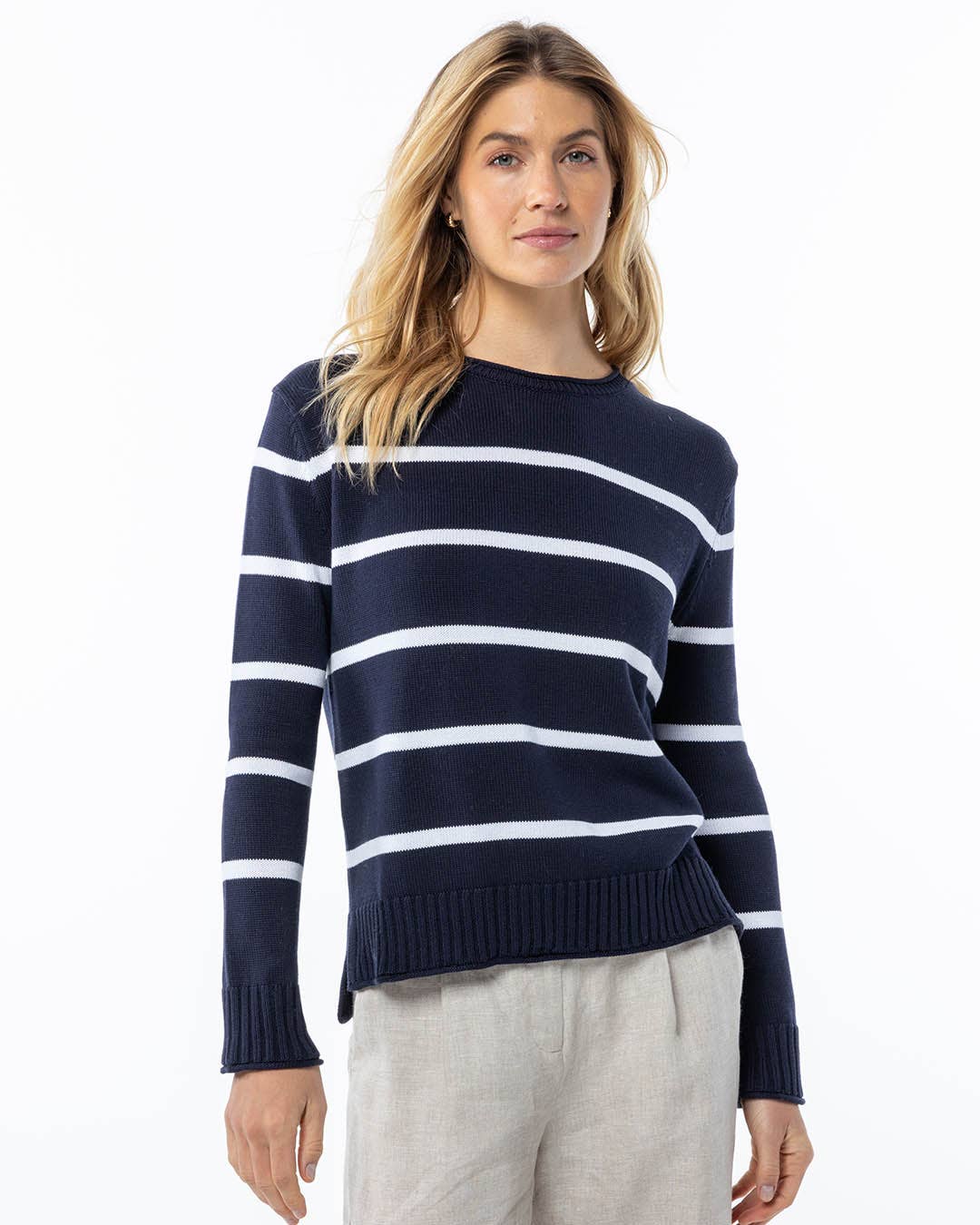 Navy Striped Cotton Crew Sweater