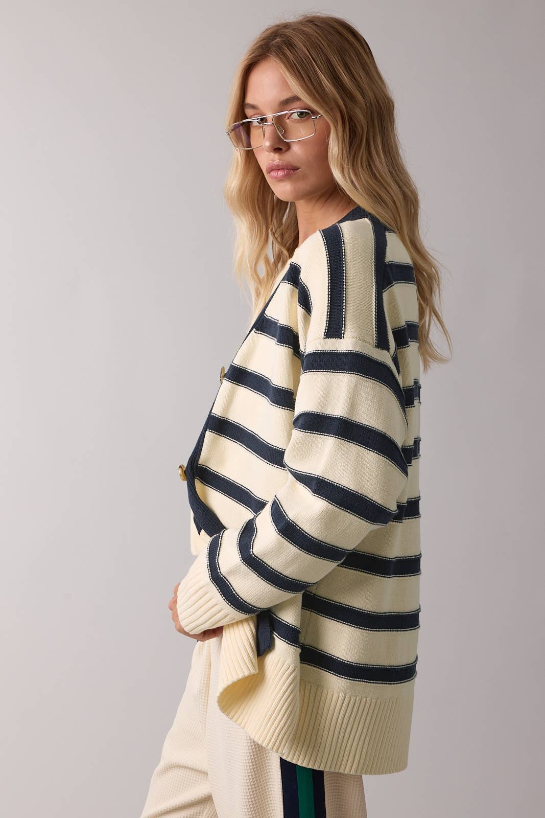 Navy & Cream Striped Button Sweater