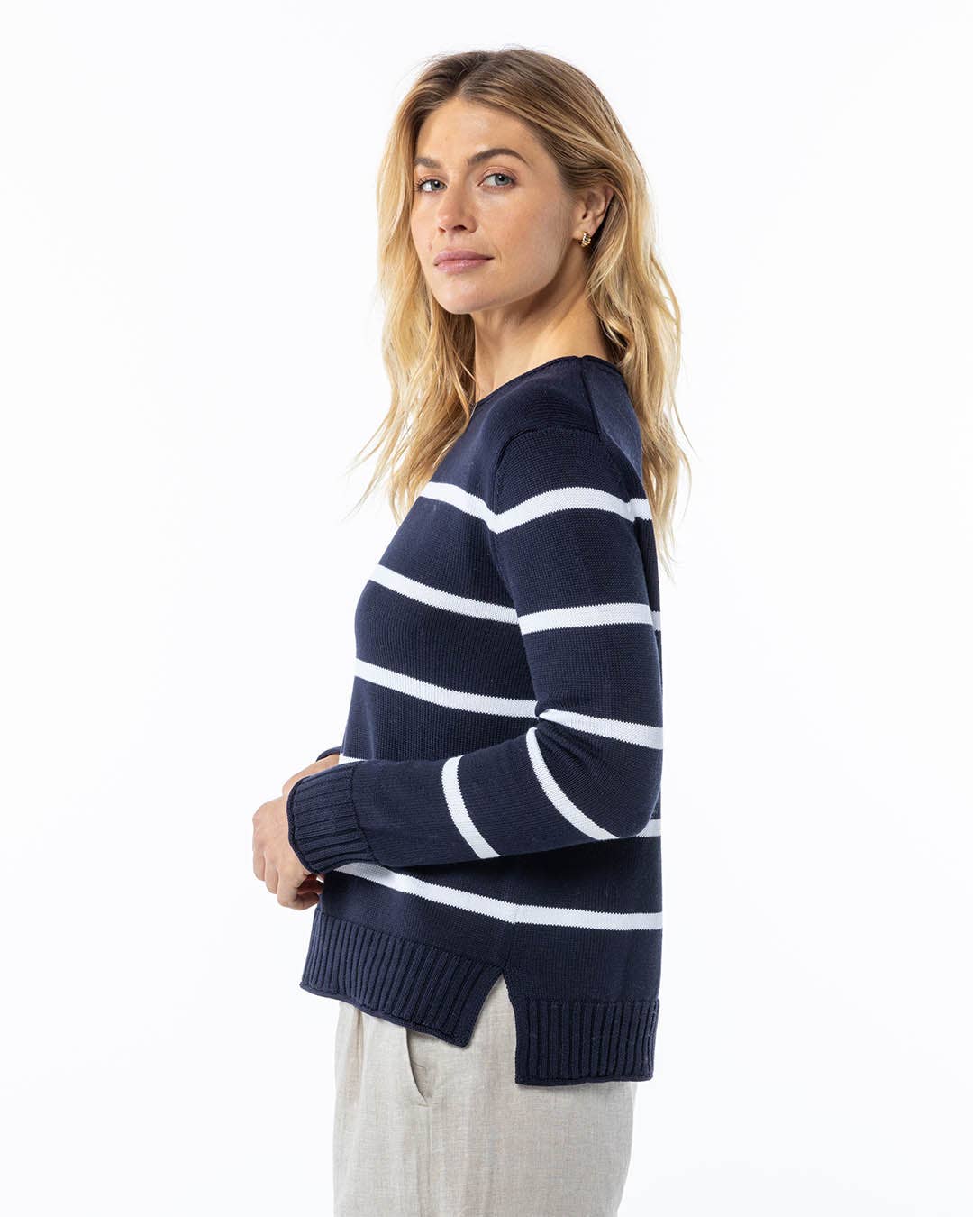 Navy Striped Cotton Crew Sweater