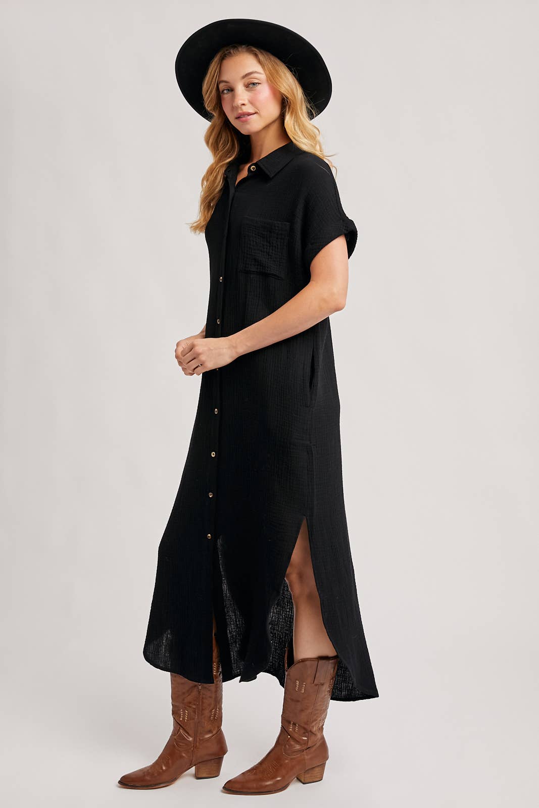 Black Textured Shirt Dress