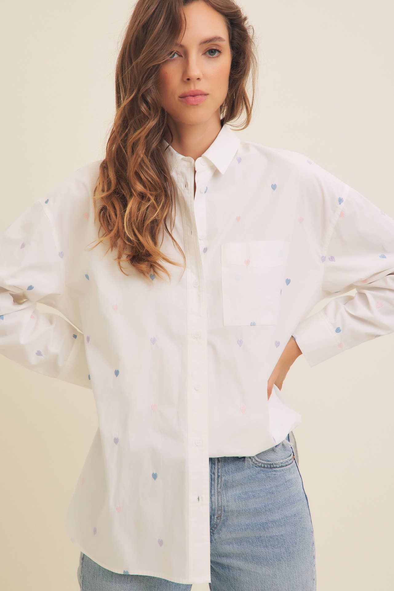 Hearts Embroidered Button Down