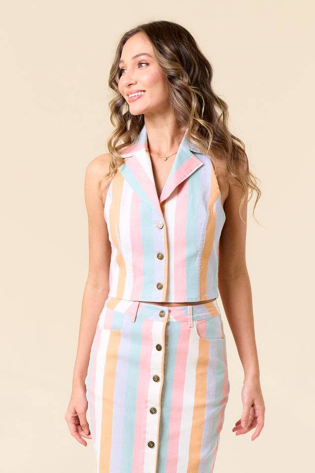 Striped Denim Halter Vest