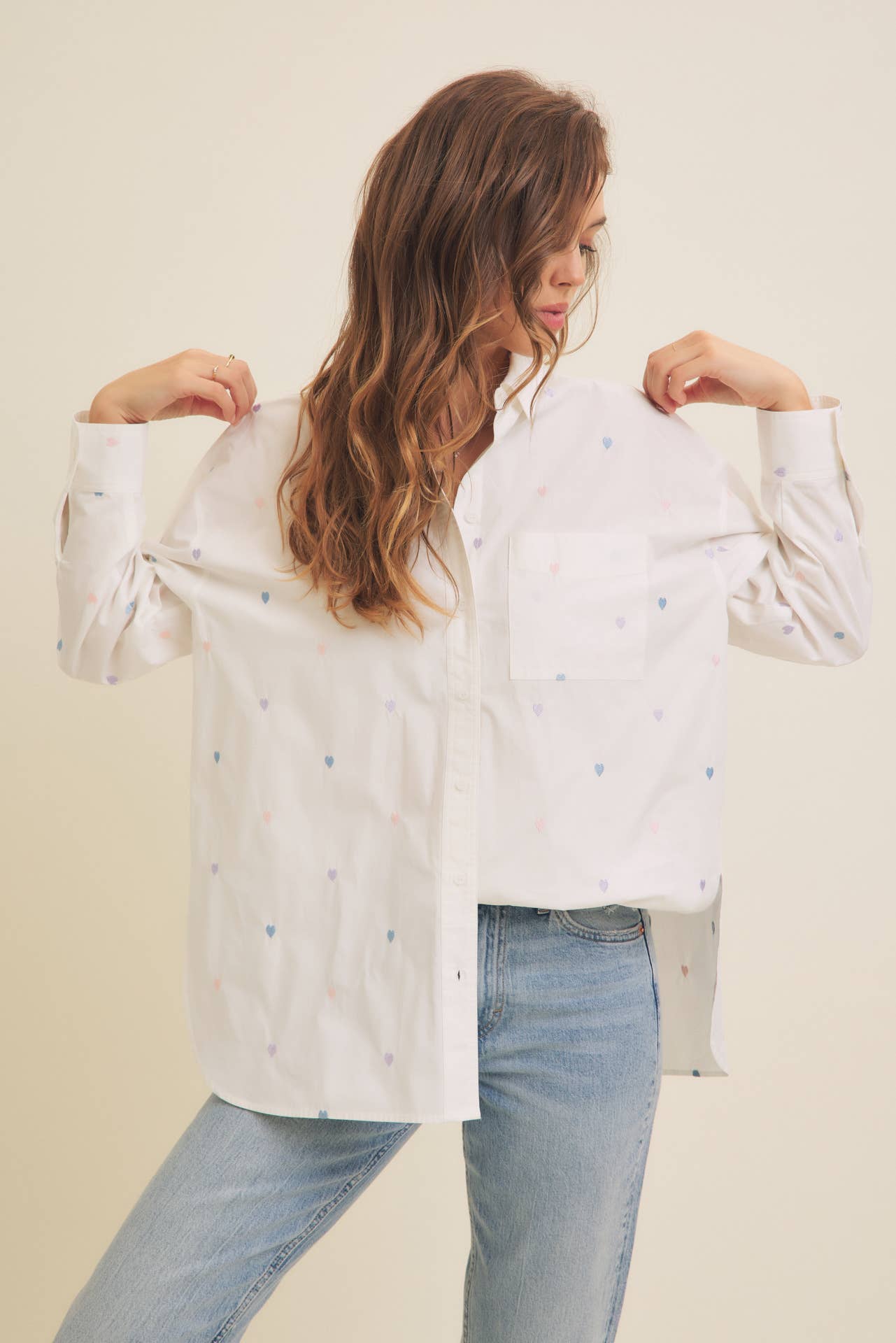 Hearts Embroidered Button Down