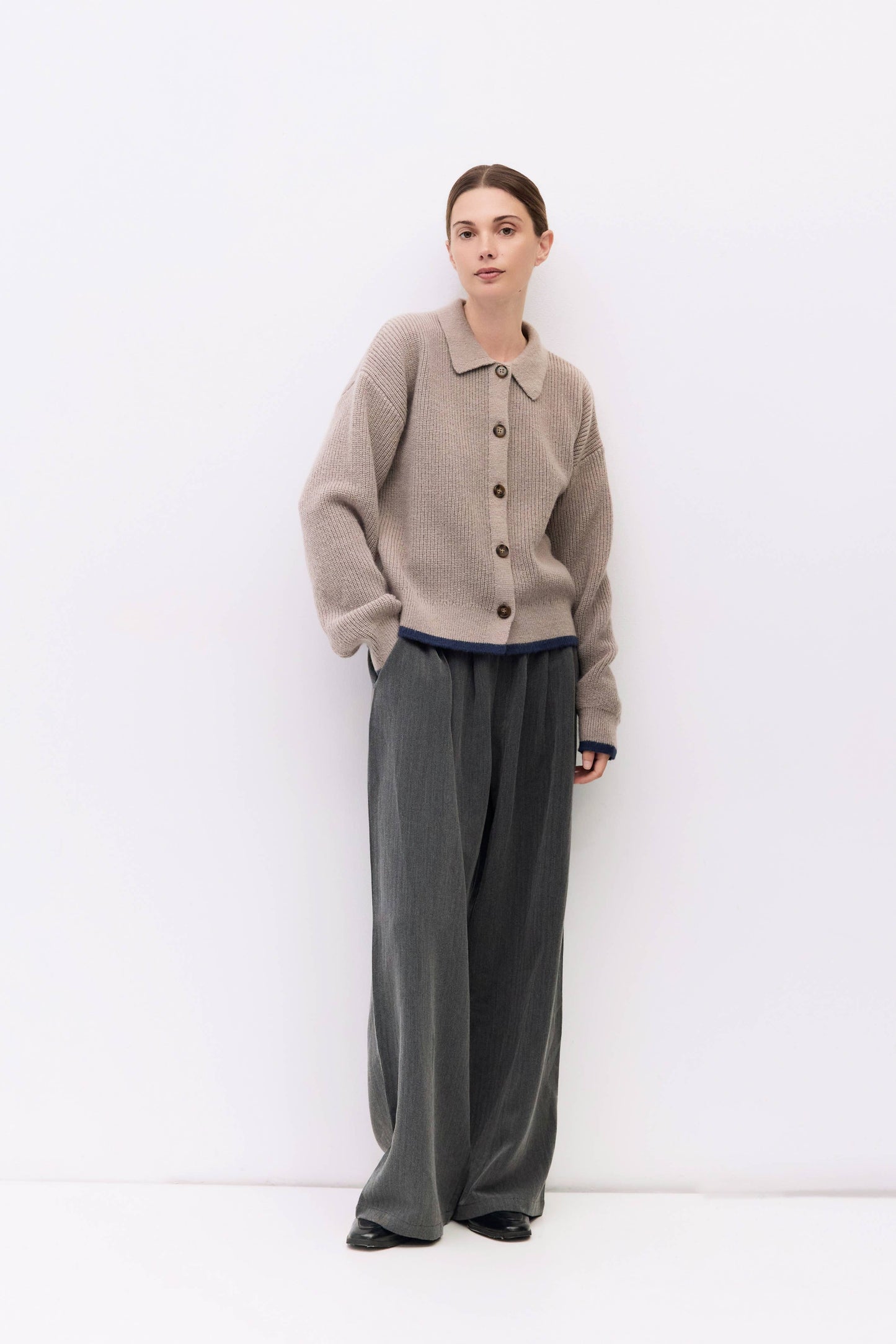Taupe & Navy Collared Cardigan