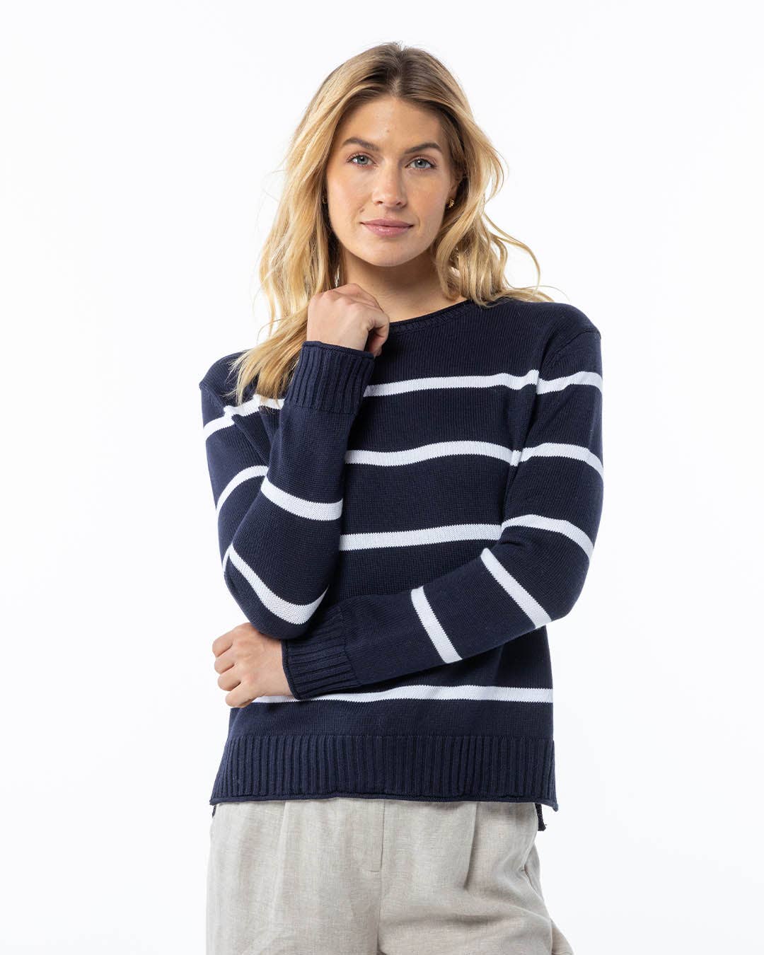 Navy Striped Cotton Crew Sweater