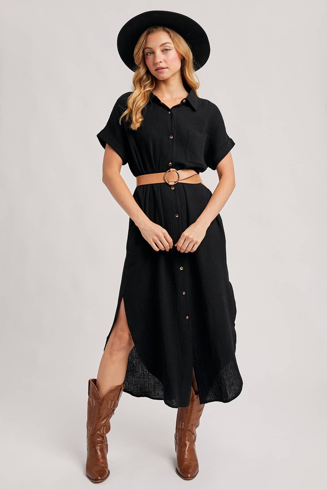 Black Textured Shirt Dress