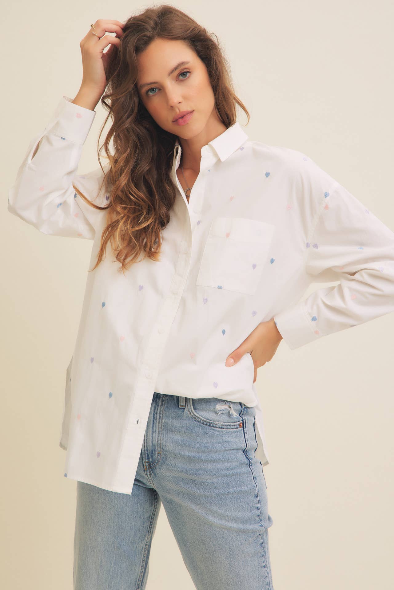 Hearts Embroidered Button Down