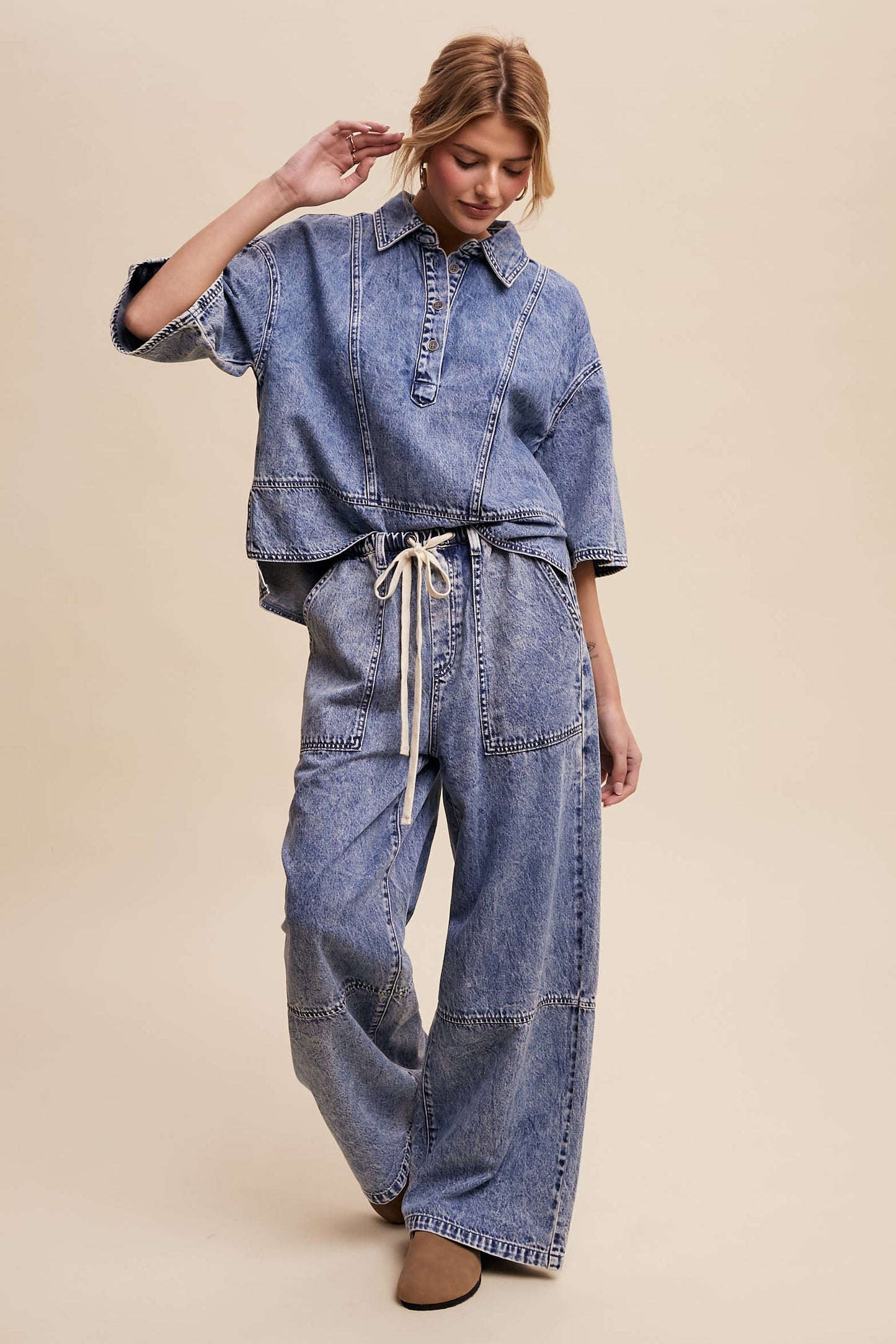 Wide-Leg Denim Drawstring