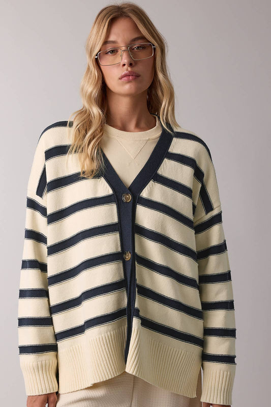 Navy & Cream Striped Button Sweater