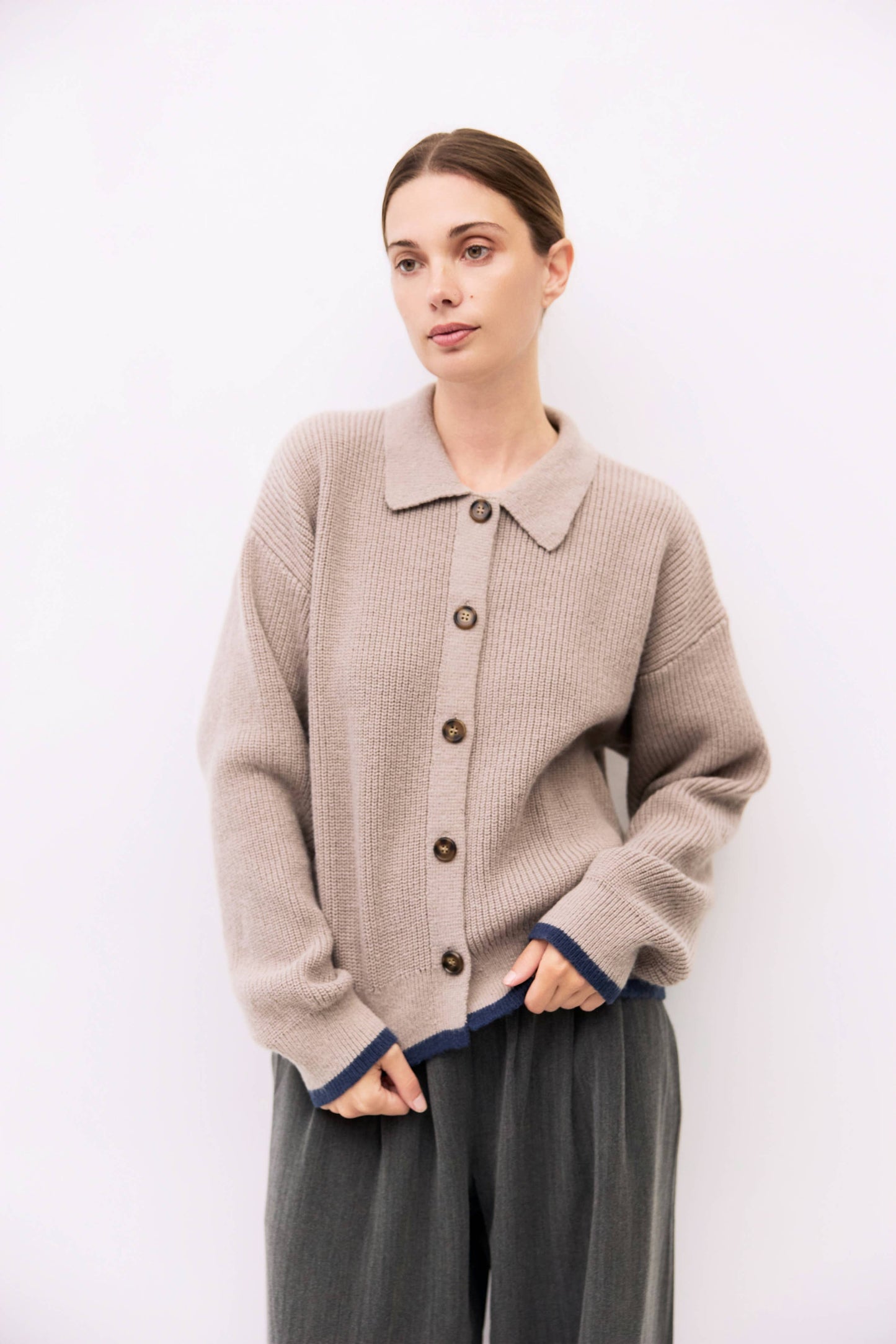 Taupe & Navy Collared Cardigan